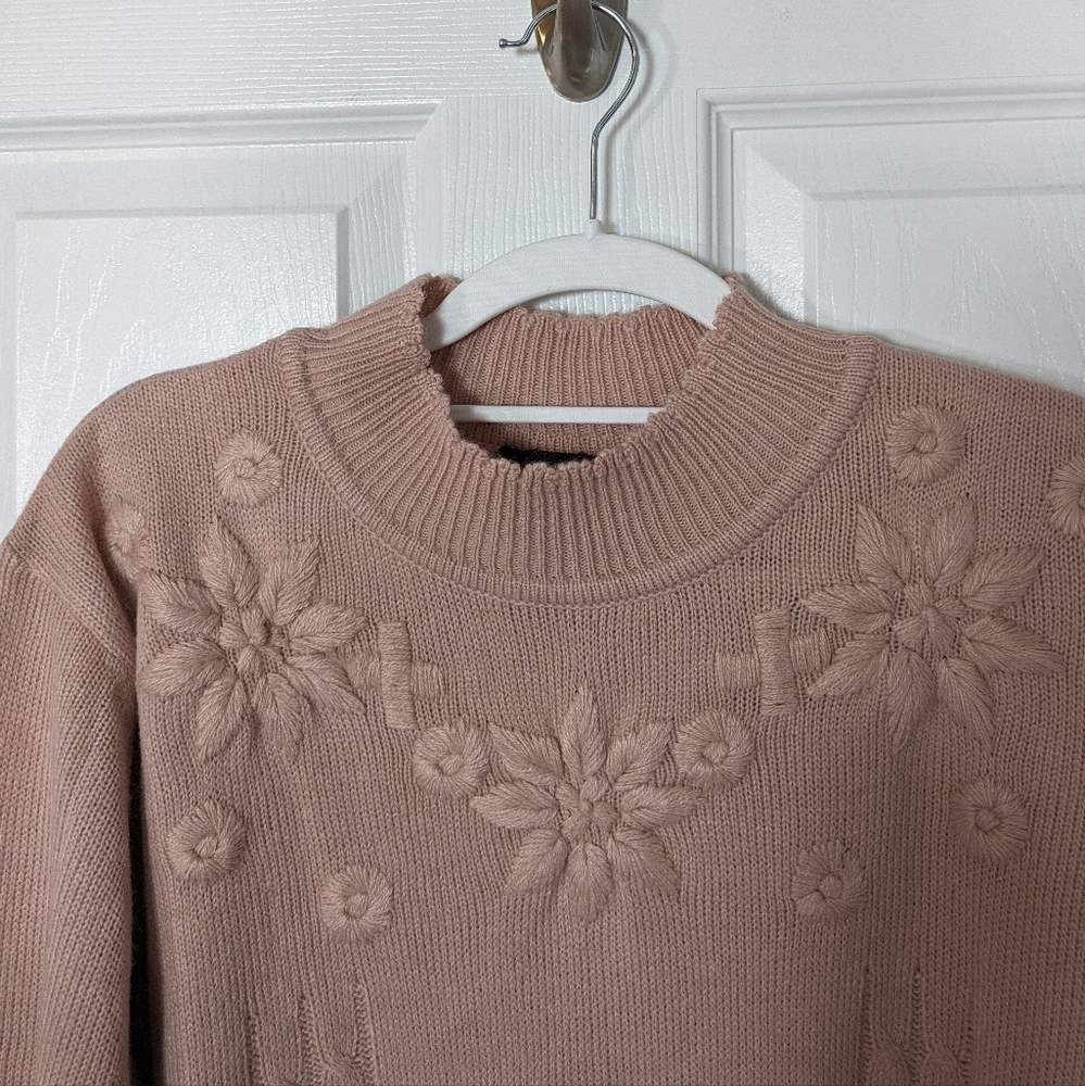 Retro 90s Floral Embroidered Salon‎ Studio Pink Cozy Knit Sweater Size Large - Picture 5 of 7